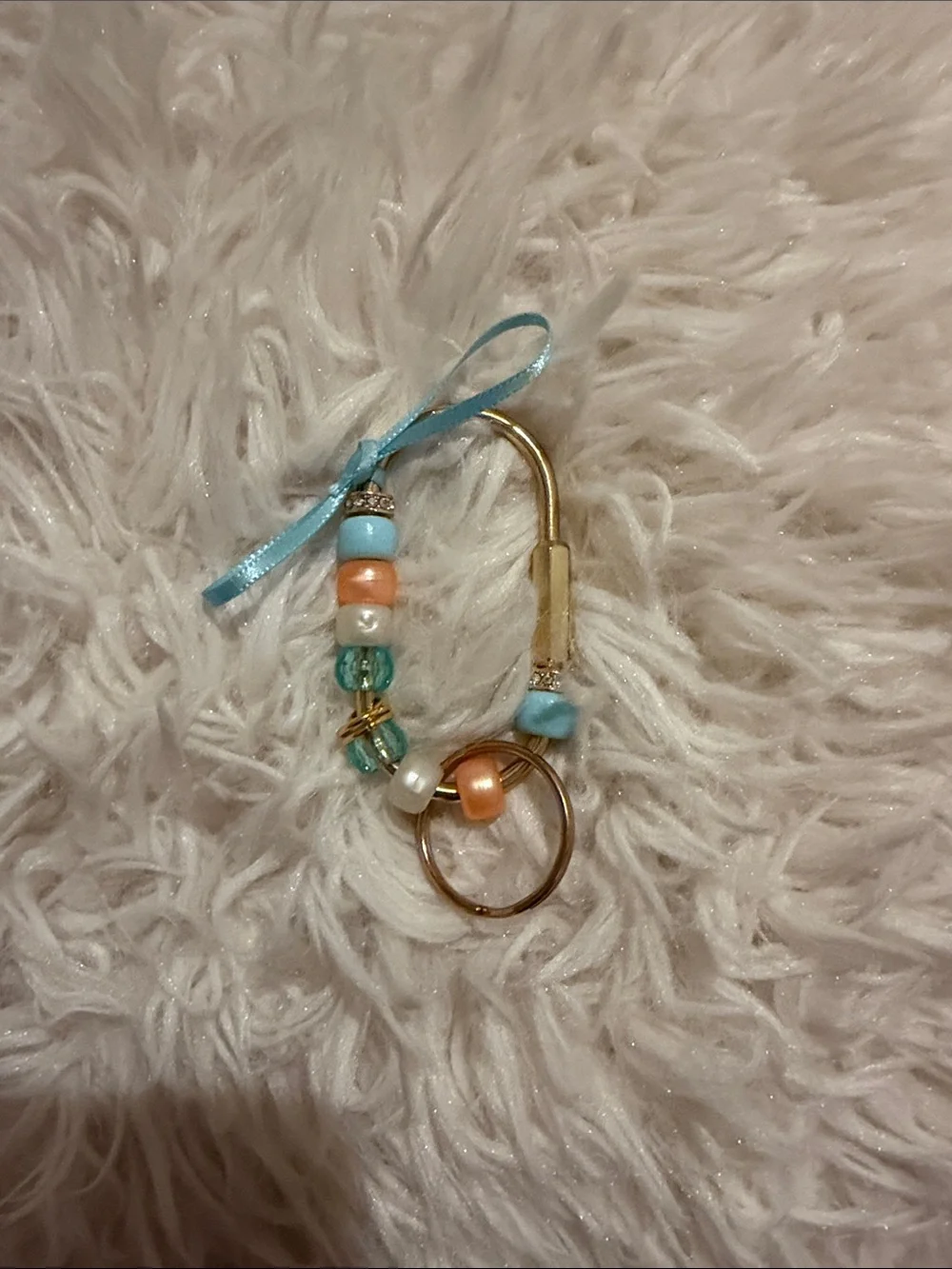 Gold Beaded Carabiner Clip with Blue and Orange Accents